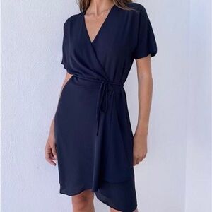 Aritzia Babaton Sz XS Wallace Navy Chiffon Minimalist Wrap Mini Dress